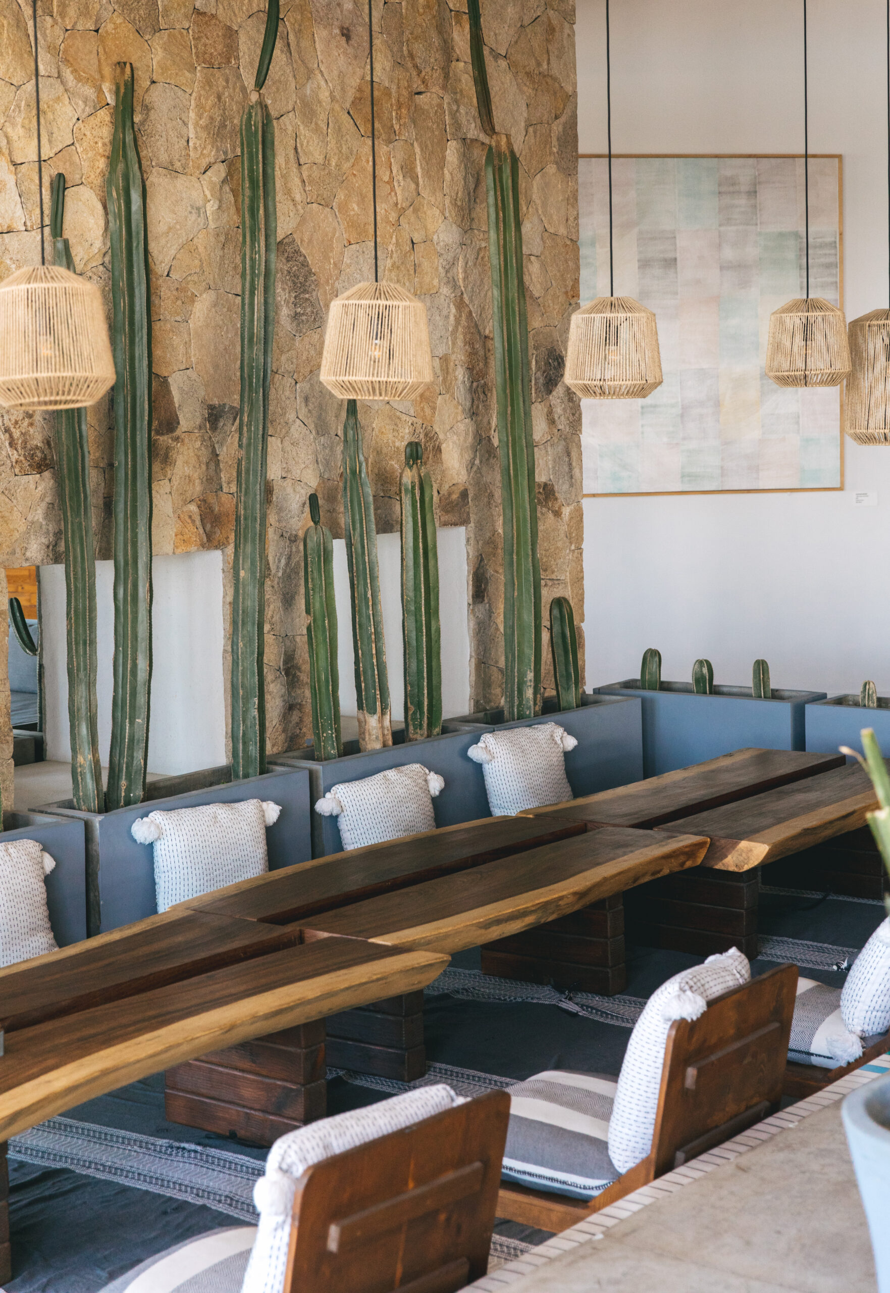 Modern Mexican interior design. Hotel El Ganzo. Low raw wooden tables with cozy floor seating. Ratan lanterns and cactus decor. Natural interiors.