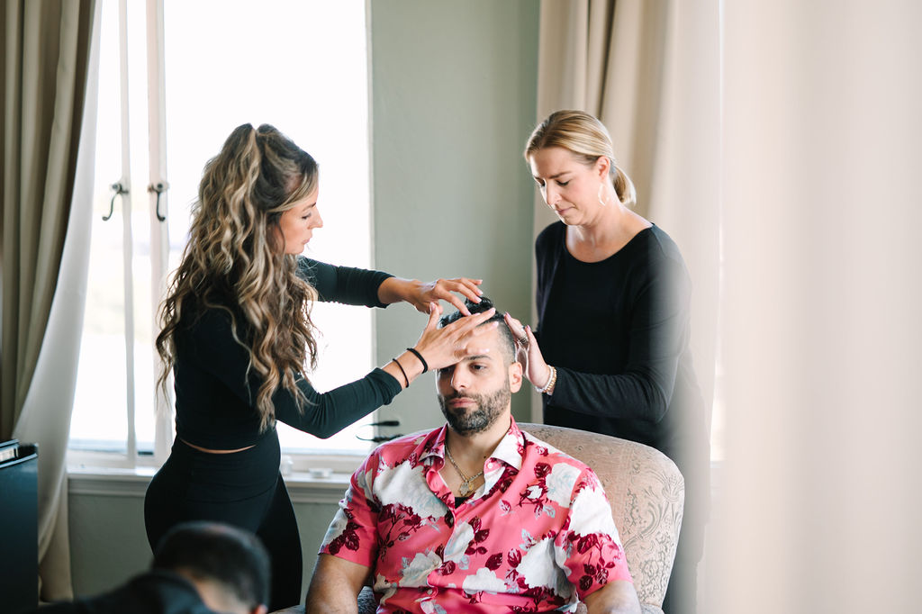 berkeley city club groom getting ready bridal suite pink floral button up