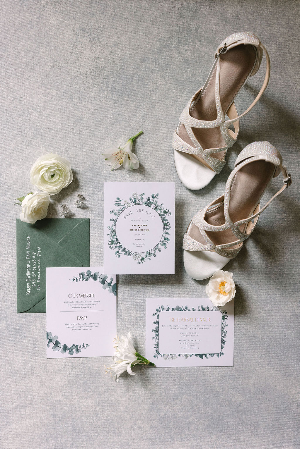 classic pearled strappy wedding heels with vintage floral diamond earrings flat way signage suite green and sage green stationary with delicate white florals