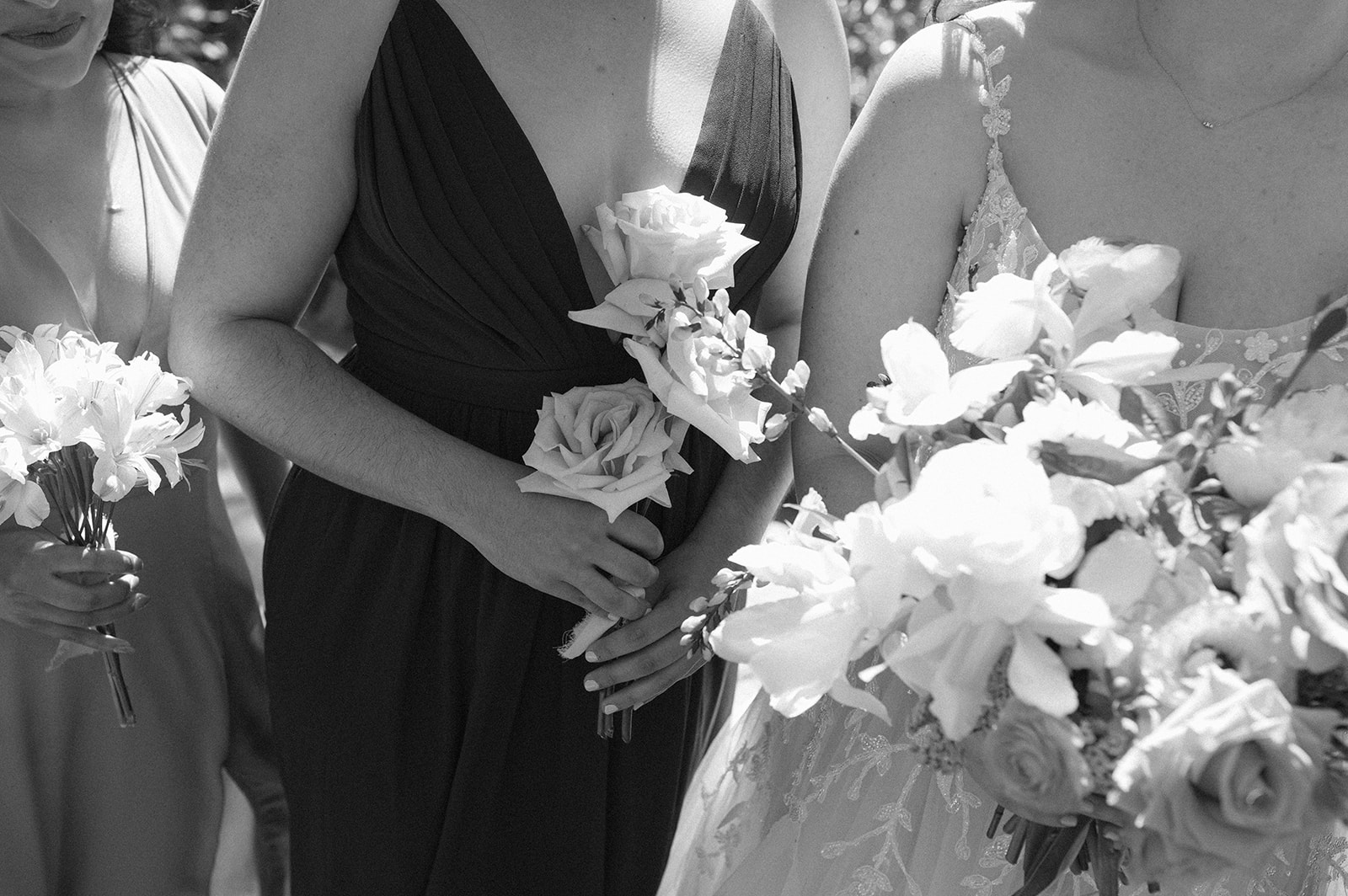 black and white bridesmaid and bride portraits mixmatched dresses ampersand sf 