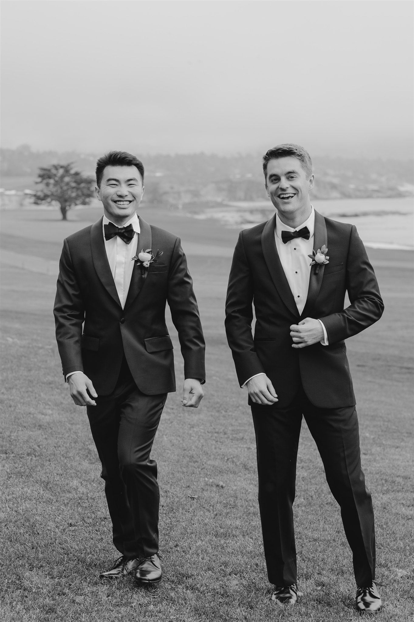 black and white wedding portrait groom and best man happy smiling beachside wedding carmel california