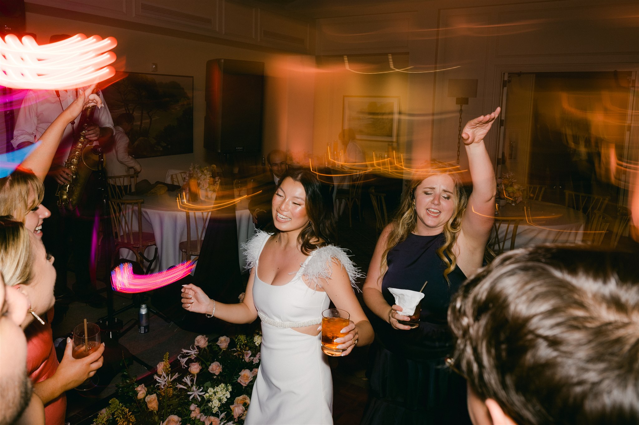 wedding dance party blurred vintage effect after party dress inspiration bride dancing
